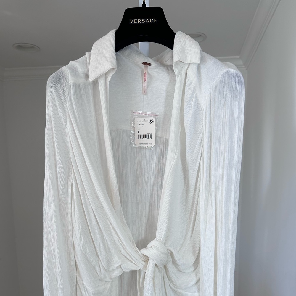 NWT Free People Worlds Apart Ivory Tie Front Blouse Tunic Collared Shirt Large - Picture 4 of 9